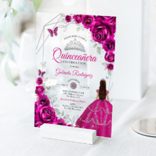 Quinceanera Fuchsienrosa Silbernes Kleid Acryleinladungen