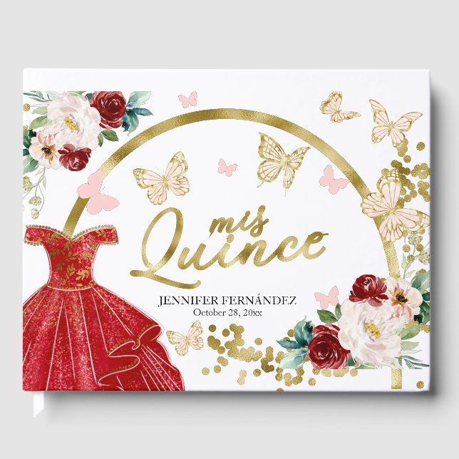 Quinceanera Gästebuch Butterfly Rotes Kleid (Vorderseite)