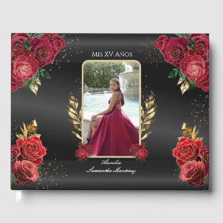 Quinceañera Gästebuch Rote Rosen Schwarzer Hinterg
