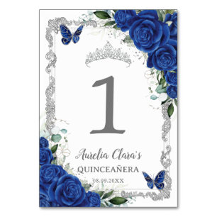 Quinceañera Geburtstag Königlich Blau Floral Silbe Tischnummer
