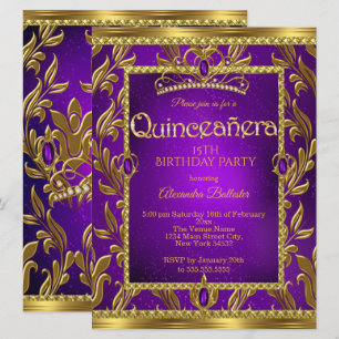 Quinceanera Geburtstag Lila Blau Tiara Gold Einladung