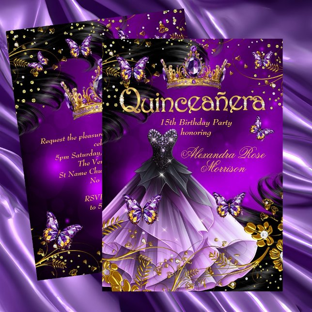 Quinceanera Geburtstag lila Gold Dress Butterfly Einladung (Von Creator hochgeladen)