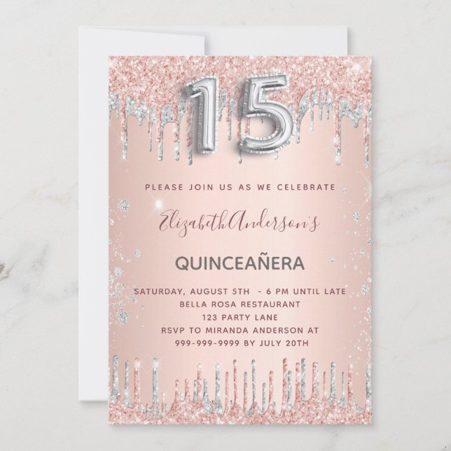 Quinceanera Geburtstag Rose Gold Silber Glitzer Einladung (Vorderseite)