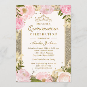 Quinceanera-Geburtstags-Glanz Rosa Gold Blumenkart Einladung