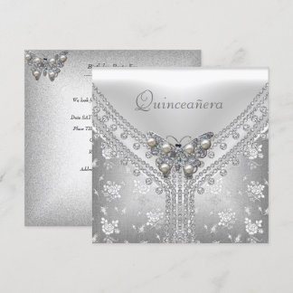 Quinceanera-Geburtstagsfeier Silber Weiße Butterfl Einladung