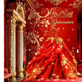 Quinceanera Geburtstagsparty Exotic Red Gold Dress Einladung