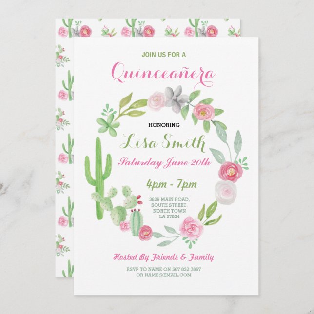 Quinceanera Geburtstagsparty Fiesta Cactus Einladu Einladung (Vorne/Hinten)