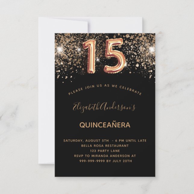 Quinceanera Geburtstagsschwarzer Glitzer (Vorderseite)