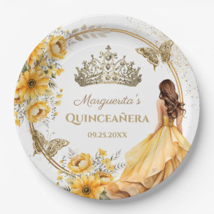 Quinceañera Gelbe Blumen Gold-Tiara Schmetterling Pappteller