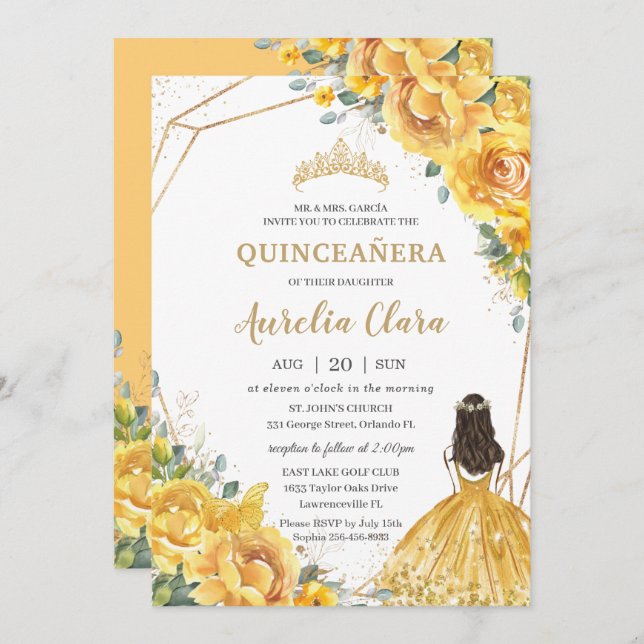 Quinceañera Gelbe Blütengoldprinzessin 15 Anos Einladung (Vorne/Hinten)