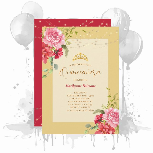 Quinceañera Gelbe Flora Gold Einladung (Von Creator hochgeladen)