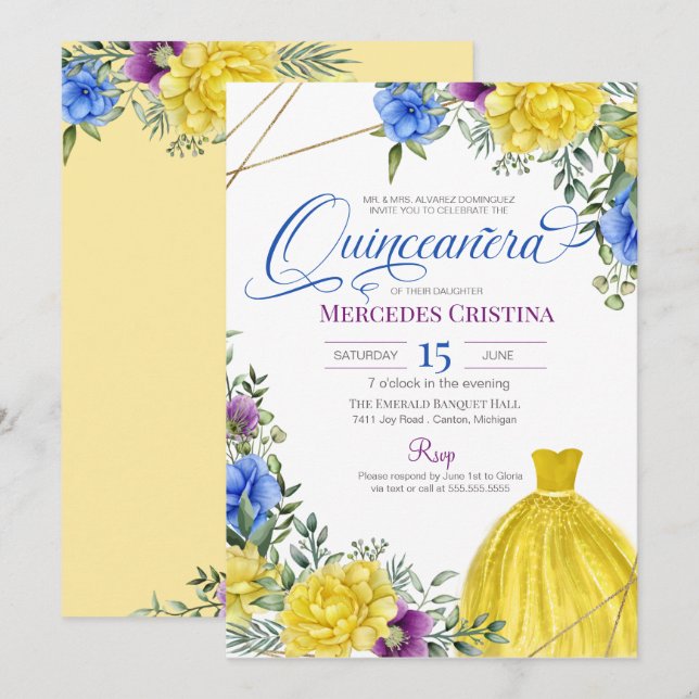 Quinceañera Gelbes Kleid helle Blume Einladung (Vorne/Hinten)