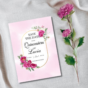 Quinceañera Geometric Pink Fuchsia Floral Gold Save The Date