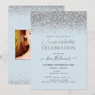 Quinceañera, geschrieben im Stern, DIY Dusty Blue Einladung