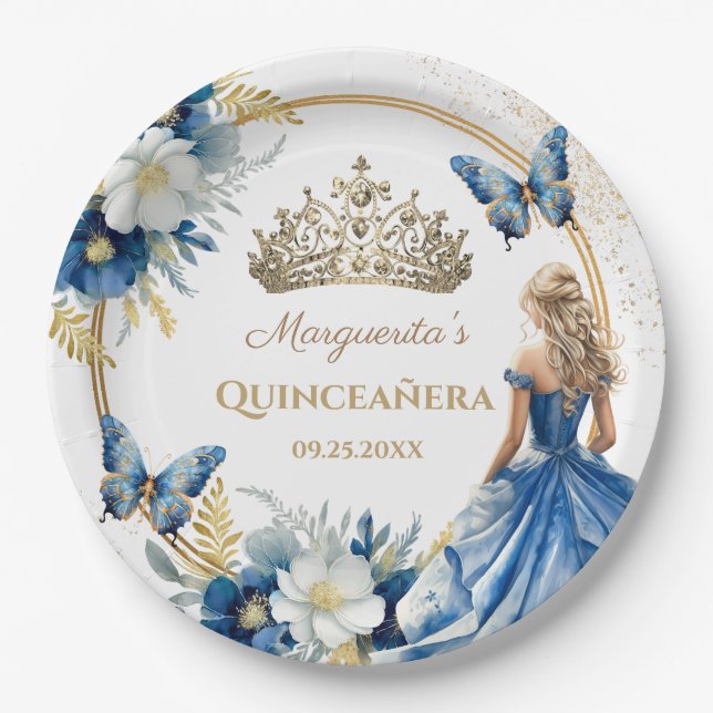 Quinceañera Girl Blue Floral Gold Tiara Butterfly Pappteller (Vorderseite)