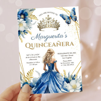 Quinceañera Girl Blue Gold Tiara Floral Butterfly Einladung