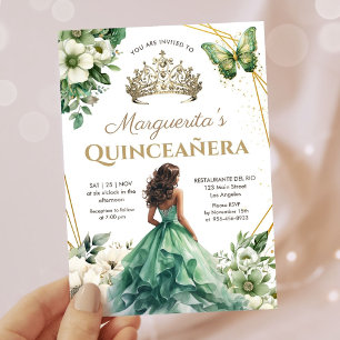 Quinceañera Girl Green Gold Tiara Floral Butterfly Einladung