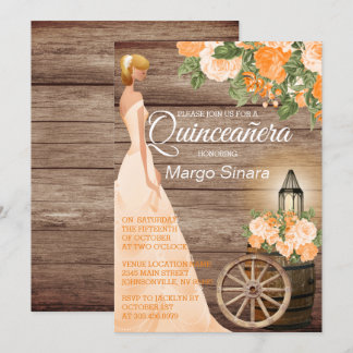 Quinceañera Girl - Holzbarrel & Orange Blume Einladung