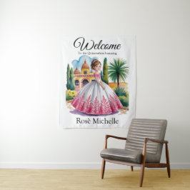 Quinceañera Girl in Pink & White Gown Begrüßungsze Wandteppich