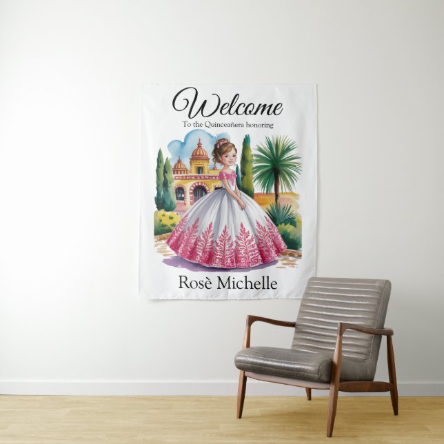 Quinceañera Girl in Pink & White Gown Begrüßungsze Wandteppich (Beispiel)