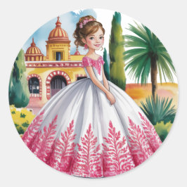 Quinceañera Girl in Rosa und Weiß Gown Runder Aufkleber