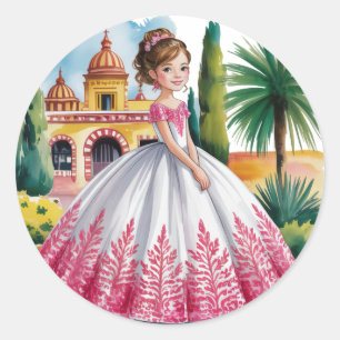 Quinceañera Girl in Rosa und Weiß Gown Runder Aufkleber