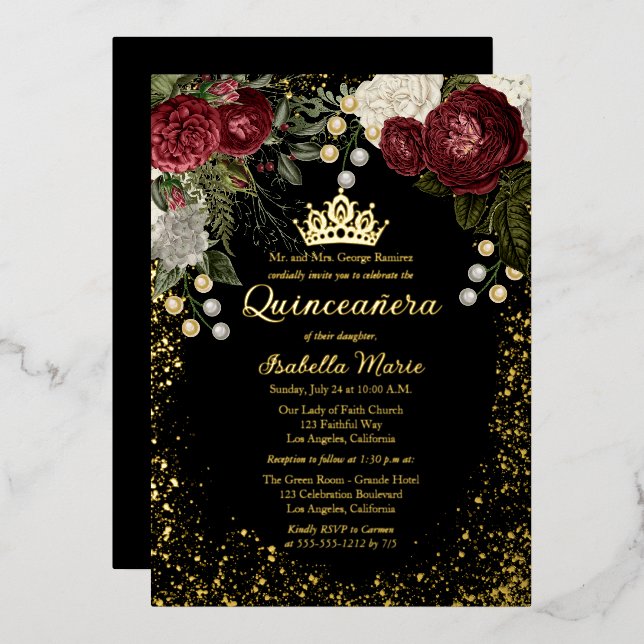 Quinceañera Glam Burgundy Rose Floral Geburtstag Folieneinladung (Vorderseite/Rückseite)