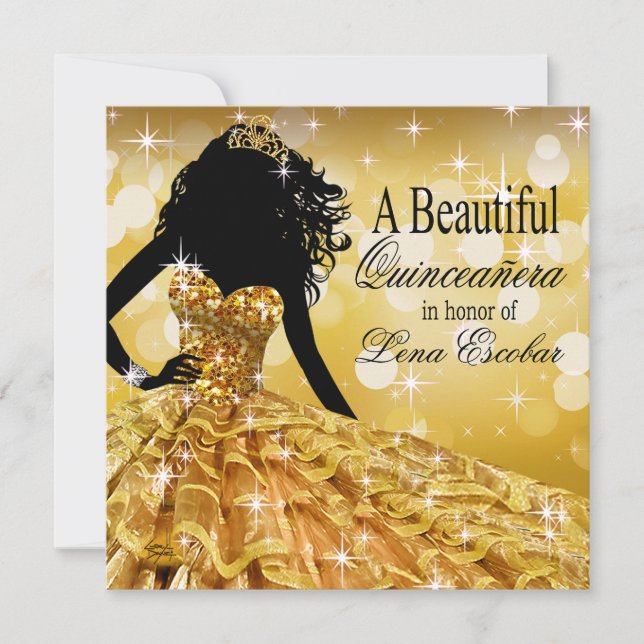 Quinceanera Glitzer Ball Gown | Gold Einladung (Vorderseite)