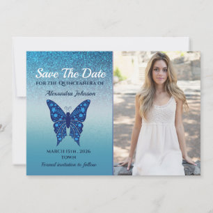 Quinceanera Glitzer Blue Floral Butterfly Foto Save The Date
