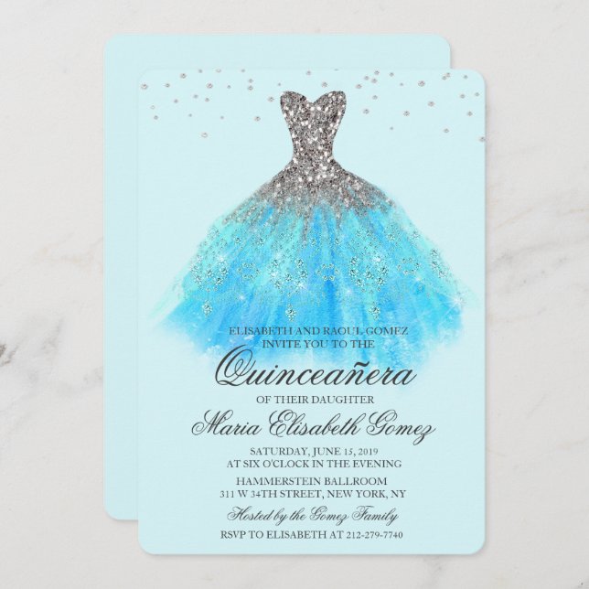Quinceanera Glitzer Dress Diamond Einladung (Vorne/Hinten)
