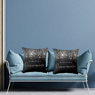 Quinceanera Glitzer fällt Silbermonogramm ab Kissen