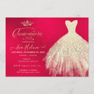 Quinceañera , Glitzer Gourmet, Imitate Gold+Rot Einladung