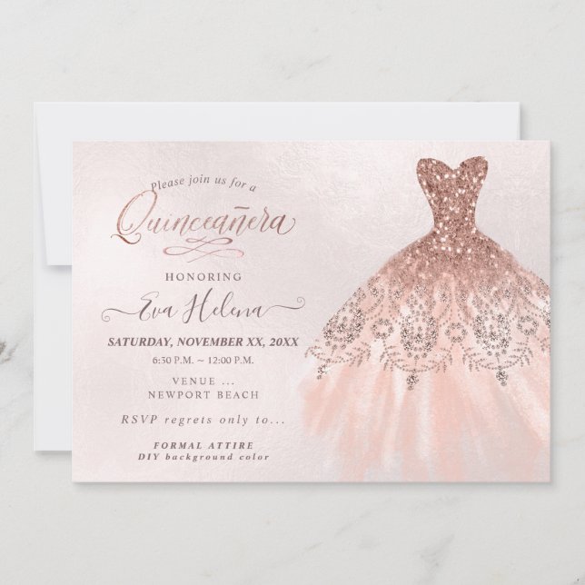 Quinceañera , Glitzer Gourmet, Imitate Rose Gold Einladung (Vorderseite)
