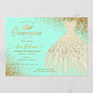 Quinceañera , Glitzer Gown, Imitate Gold+Minte Einladung