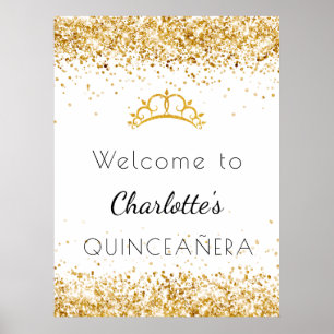 Quinceanera Glitzer Weißgold Staub Tiara willkomme Poster