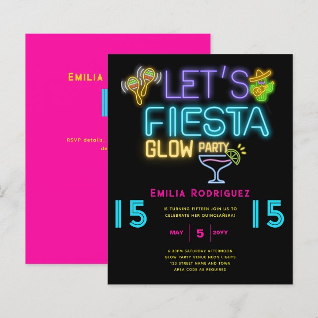 QUINCEAÑERA Glow Party Invitación Fiesta de Neón (Vorne/Hinten)