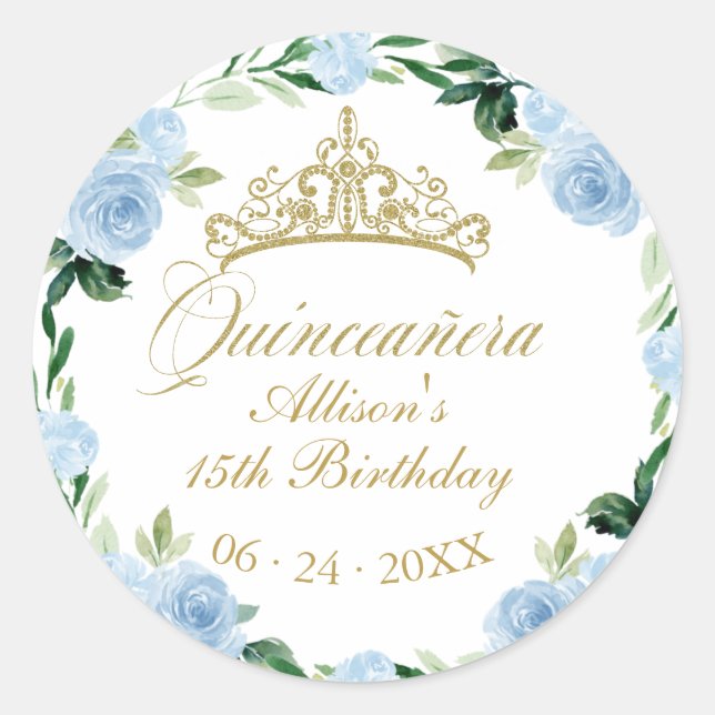 Quinceanera God Tiara Baby Blue Floral Runder Aufkleber (Vorderseite)