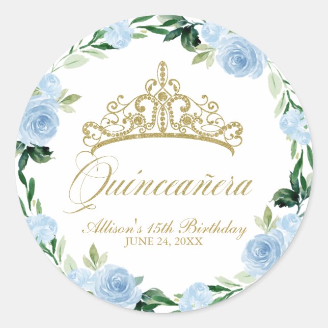 Quinceanera God Tiara Baby Blue Floral Runder Aufkleber (Vorderseite)