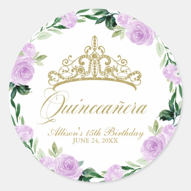 Quinceanera God Tiara Lila Lilac Runder Aufkleber (Vorderseite)