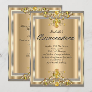 Quinceanera Gold Beige Gelbe Edelsteine 15 Geburts Einladung