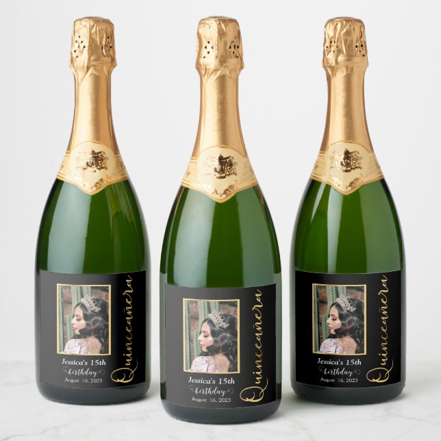 Quinceanera Gold Black Foto Sparkling Wine Label (Flaschen)