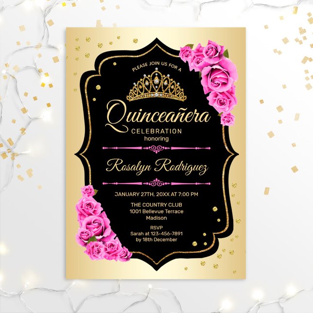 Quinceanera - Gold Black Pink Einladung (Von Creator hochgeladen)