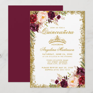 Quinceanera Gold Burgund Blumenkrone Einladung B