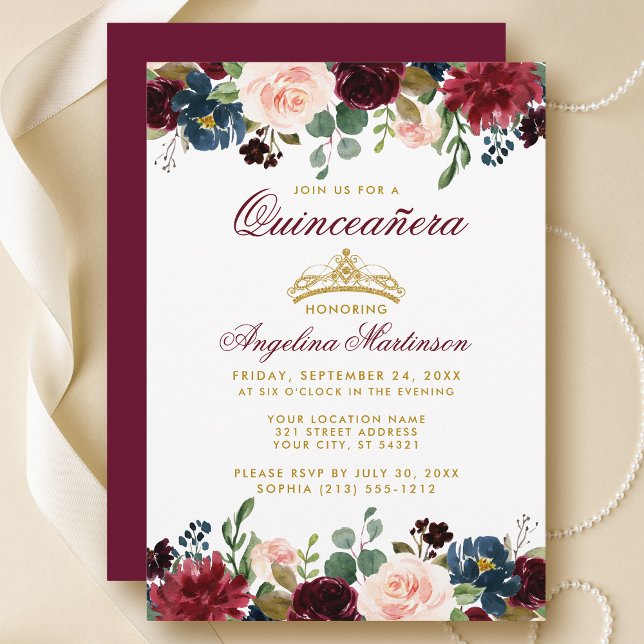 Quinceanera Gold Crown Burgund Blue Floral Einladu Einladung (Customize to change text color, style, add text & photos to back or change color of back of card.)