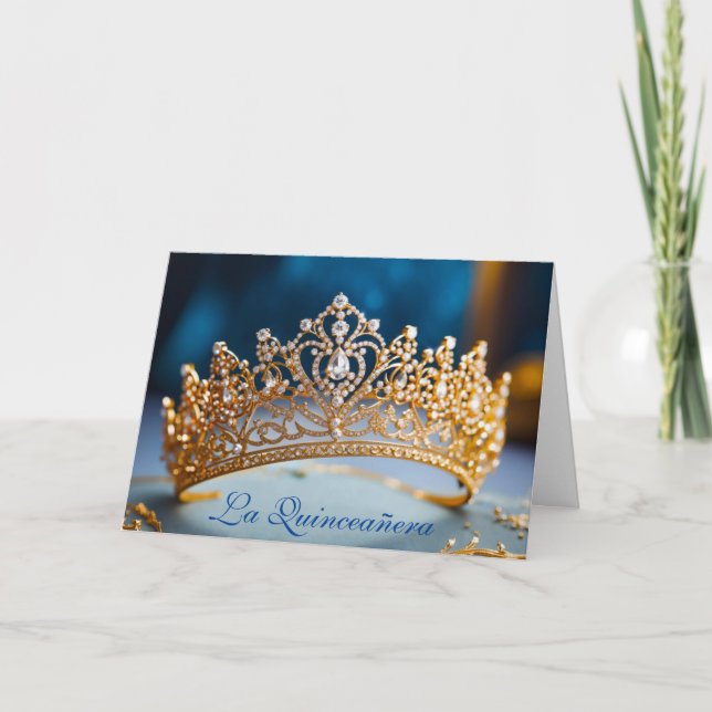 Quinceanera Gold Crown Card Einladung (Vorderseite)