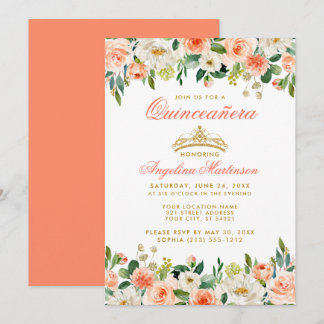 Quinceanera Gold Crown Coral Floral Einladung