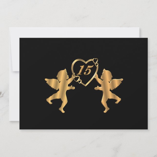 Quinceanera Gold Cupids auf schwarz zum 15. Geburt Einladung (Vorderseite)