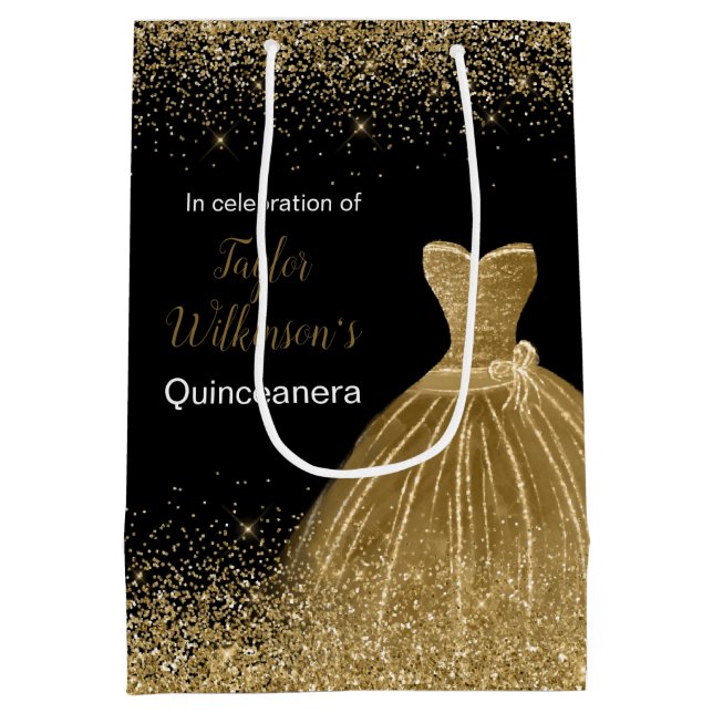 Quinceanera Gold Dress Imitate Glitzer Mittlere Geschenktüte (Rückseite)