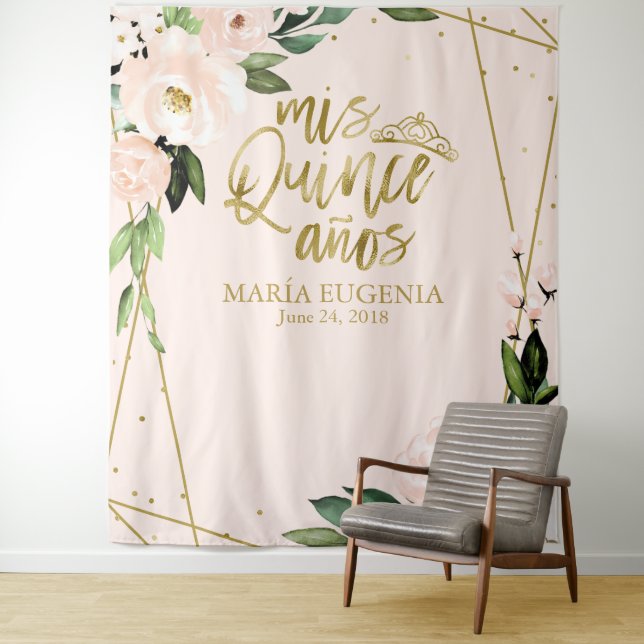 Quinceanera Gold Foil Blush Pink Flora Hintergrund Wandteppich (Beispiel)