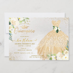 Quinceañera, Gold Glitter Kleid Creme Rosen Einladung